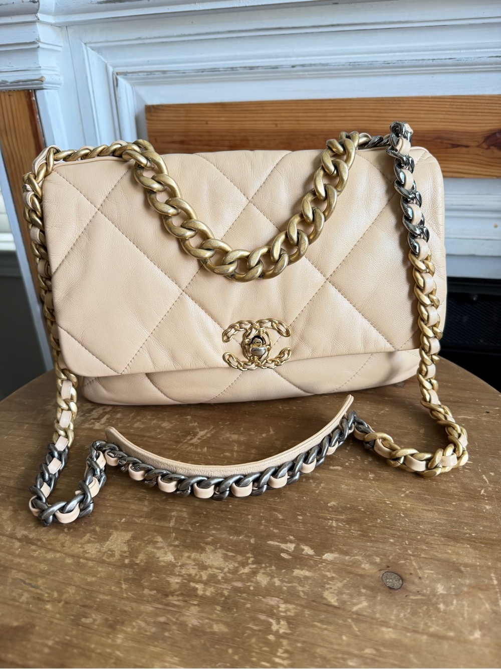 CHANEL 19 Large Beige Series 30 Lambskin Leather Shoulder Bag with mix hardware